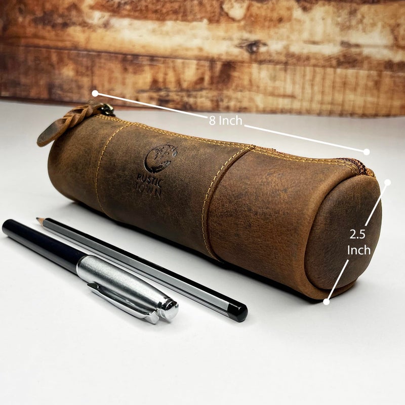 Rustic Town Leather Pencil Case - Full Grain Leather Zippered Pen Pouch - Stationery Bag Pen Holder for Work & Office, Brown, M, Pc200505flr-tan - Image 3